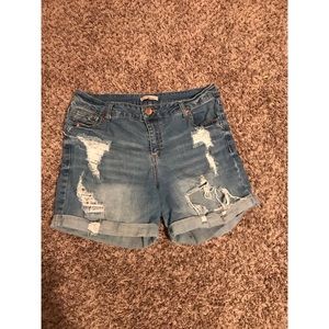 High waist distressed denim shorts.